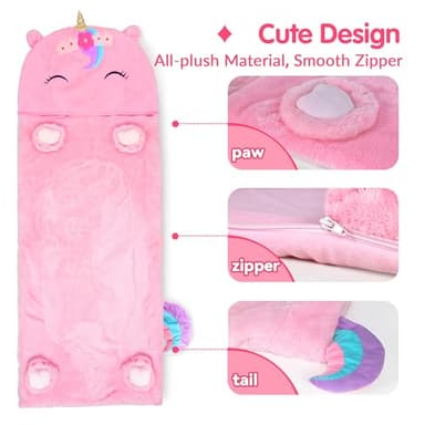 iPlay, iLearn Kids Unicorn Sleeping Bag, Toddler Girl Nap Mat, Plush Animal Slumber Bag 2 In 1 Pink Pillow Daycare Preschool Kindergarten Birthday Gift Travel Sleepover 3 4 5 6 7 8 10 12 Yr Child Teen - Image 7