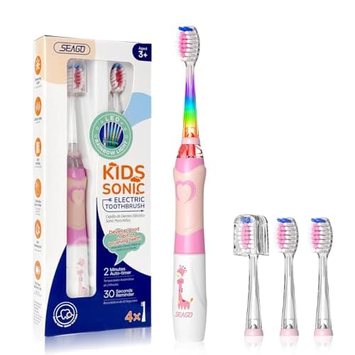 SEAGO Kids Electric Toothbrush with 2 Mins Timer and 4 Replacement Bursh Heads, Rainbow LED Light Make Brushing Fun, Pink Color Girls Battery Powerd for 4-12 Years Old，SG-977 - Image 1