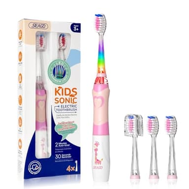 SEAGO Kids Electric Toothbrush with 2 Mins Timer and 4 Replacement Bursh Heads, Rainbow LED Light Make Brushing Fun, Pink Color Girls Battery Powerd for 4-12 Years Old，SG-977 - Image 1