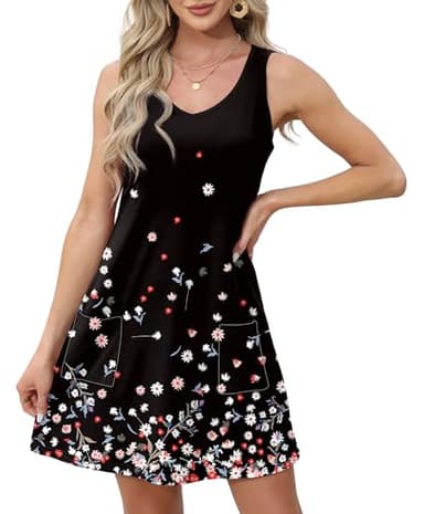 OFEEFAN Black Dresses for Women Loose V Neck Swing Tank Casual Sundresses Boho Hawaiian Floral 28 L - Image 3