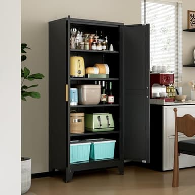 71" Tall Metal Storage Cabinet with 2 Doors and 4 Adjustable Shelves, 5-Tier Kitchen Pantry Storage Cabinet for Kitchen, Living Room, Dining Room and Office, Black - Image 2