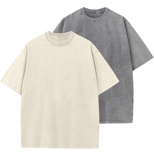 2 Pack Men's Oversized Cotton T-Shirts Loose Fit Vintage Tee Short Sleeve Casual Tshirts Solid Tops(BGGY,L) - Image 1