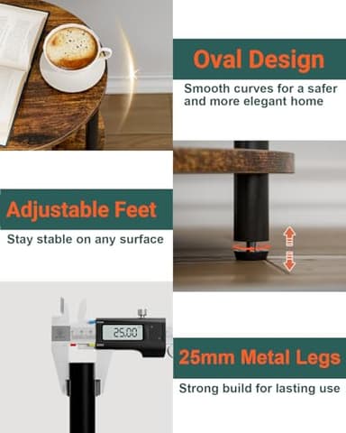 RISWER Small Round Side Table - 3-Tier Oval Accent Table for Small Spaces, Rustic Wood and Metal Couch End Table, Nightstand for Bedroom or End Table Living Room, Easy to Assemble, Rustic Brown - Image 3
