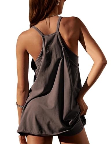 Yidarer Womens Summer Athletic Mini Dress Sleeveless Spaghetti Strap Built-in Shorts V Neck Sundress with Pockets (Coffee-M) - Image 4