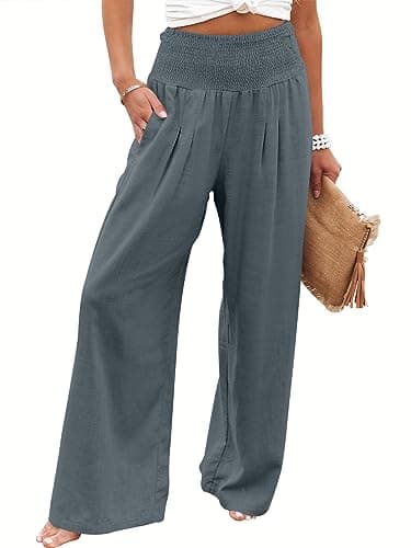 ANRABESS Women Linen Palazzo Pants Summer Boho Wide Leg High Waist Casual Lounge Pant 2025 Beach Travel Vacation Outfits Grey Small - Image 1
