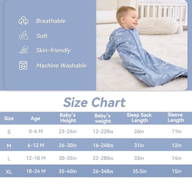 FIEMOL Baby Sleep Sack 6-12 Months, Long Sleeve Baby Wearable Blanket 0.5 Tog with Mittens, 2-Way Zipper Infant Cotton Sleeping Sack for Boy and Girl Blue Stars 2 Pack (Medium) - Image 4