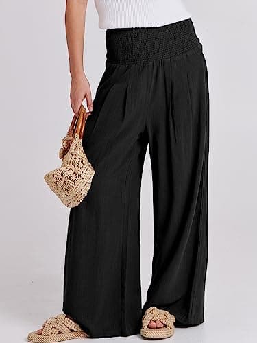 ANRABESS Women Linen Palazzo Pants Summer Boho Wide Leg High Waist Casual Lounge Pant 2024 Beach Travel Vacation Outfits Black Medium - Image 2
