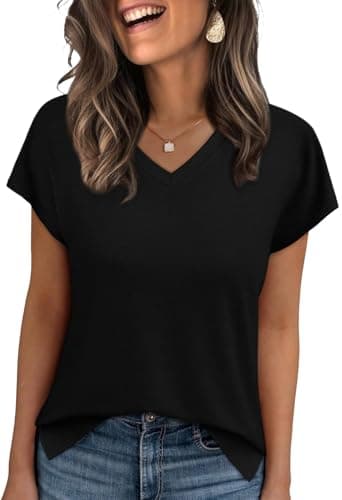WIHOLL Womens Summer Basic Tops Business Casual Loose Fit V Neck T Shirts Cap Sleeve Oversized Summer Beach Vacation Clothes Dressy Trendy 2025 Fashion Tee Blouses Black XL - Image 1
