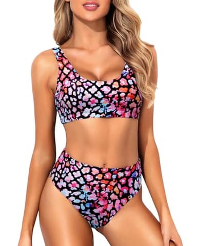 Tempt Me Women Colorful Leopard Two Piece Scoop Neck Bikini Crop Top Swimsuit Sporty High Waisted Bathing Suit L - Image 5