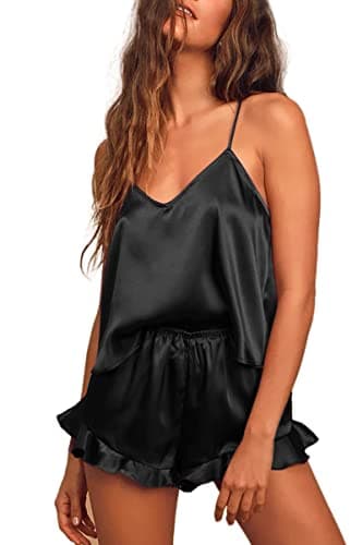 CHYRII Women's Sexy Ruffled Racerback Pajamas Sets Satin Silk Cami Shorts Sets Sleepwear Black S - Image 1