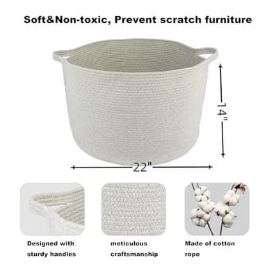 XUANGUO Large Cotton Rope Basket – 22"x14" Woven Storage Baskets for Blankets, Toys, Laundry, and Nursery – Round Basket for Living Room, Kids, and Pets Grey - Image 2