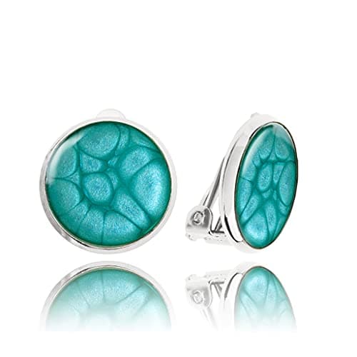 Elegant Small Round Clip on Earrings - Non Pierced Ears for Women (Style N 23 - Calour Light Blue Silver) - Image 1