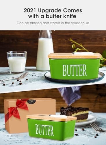 Butter Dish with Lid, Home Decor, Large Butter Dish for Countertop Ceramic Butter Keeper Container with Knife and High-Quality Silicone Sealing Butter Box Good Kitchen Gift Green - Image 3