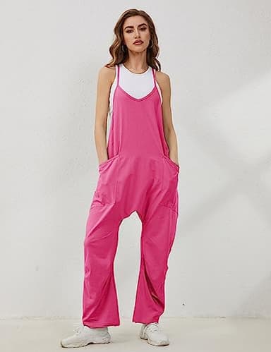 Lentta Women's Causal Jumpsuits V Neck Sleeveless Harem Overalls Stretchy Adjustable Strap Romper with Pockets(RoseRed-XXL) - Image 3