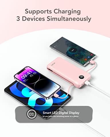 VRURC Portable Charger 20000mAh, Fast Charging Power Bank USB C,4 Output 2 Input Travel Essentials Charging Bank Equipped with LED Display,Built-in Wall Plug and Cables,Phone Charger Battery,Pink - Image 8