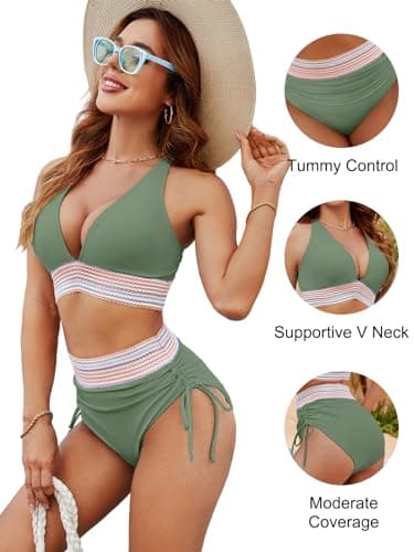 Blooming Jelly Womens High Waisted Bikini Tummy Control Color Block Swimsuits Two Piece Bathing Suit (L, Green) - Image 5
