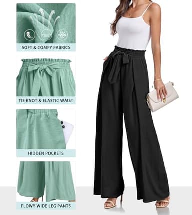 Women's Wide Leg Pants High Elastic Waisted in The Back Business Work Trousers Long Straight Suit Pants for Summer A - Black - Image 2
