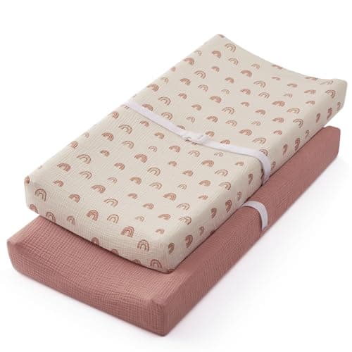 Blissful Diary Muslin Changing Pad Cover for Girls Boys, Ultra Soft Breathable Cotton, Baby Diaper Change Table Pad Covers, 2Pack (Dusty Pink&Rainbow) - Image 1