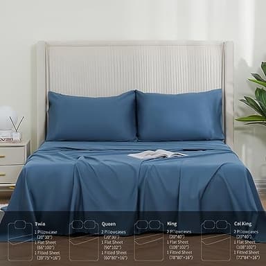 DOWNCOOL Queen Sheet Set - 100% Cotton Sheets Queen Size Set, 400 Thread Count Sateen, 16" Deep Pocket Queen Sheets, Silky Soft & Breathable Bed Sheets, 4-Piece Hotel Luxury Cotton Sheet Set, Blue - Image 6