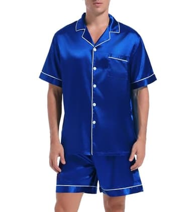 Guriyzee Couple Pajamas Set Men Satin Short Sleeve Sleepwear 2 Pcs Button Down Pjs Loungewear Navy Blue Large - Image 6