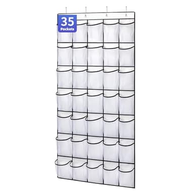 SAVERHO 35 Pockets Over the Door Shoe Organizer, Hanging Shoe Organizer for Door with 35 Mesh Pockets Large Capacity Shoe Hanging Storage Bag with 4 Metal Hooks (White-1Pack) - Image 1