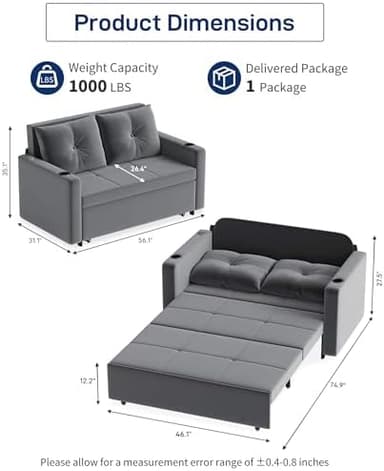 3 in 1 Pull Out Couch, 56 Inch Velvet Sofa Bed, Convertible Loveseat Sleeper Sofa for Living Room, Small Space, Upholstered Couch Bed with USB, Cup Holder(Grey - Image 3