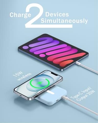 podoru for Magsafe Battery Pack, 5000mAh Magnetic Power Bank with Type-C Cable 20W PD Fast Charging Lighting Input Wireless Portable Charger for iPhone 17/16/15/14/13/12/ All Series-Sierra Blue - Image 6