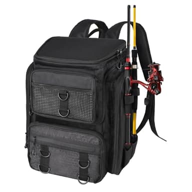 Vangue Fishing Backpack with Rod Holders Waterproof Rain Cover Large Tackle Box Store Fishing Accessories for Fishing Camping Hiking Gift for Men Father(Black) - Image 1