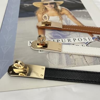 FENLDY Adjustable Thin Belts For Womens Skinny Belts For Dresses Womens Solid Color Alloy Turn Lock Belts For Jeans (Gold buckle Black+Caramel) - Image 6