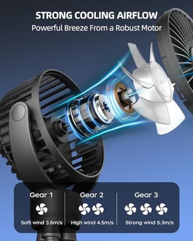 Portable Stroller Mini Fan, Small Rechargeable Personal Fan, Baby Travel Essentials for Wagon, Car Seat, Treadmill, Battery Powered Biking Gear Accessories, 360° Rotation, 3-Speed, Display, Black - Image 3