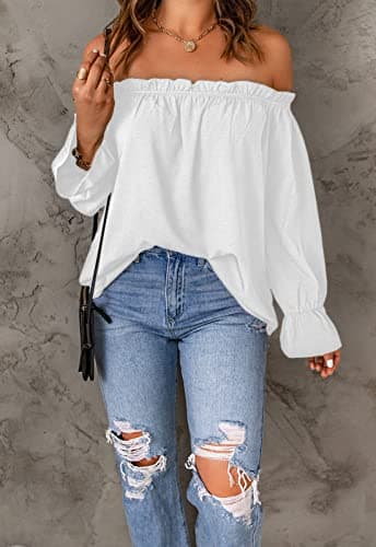 Spriolim Off The Shoulder Tops for Women Long Sleeve Casual Fashion Elegant Ruffle Chiffon Shirts White, Large - Image 3