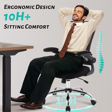 400LBS Office Chair, Executive Desk Chair with Adjustable Lumbar Support, Comfy W-Shape Thicken Cushion Ergonomic Mesh Computer Chair, Swivel Task Chair Padded Flip-up Armrest for Home Office,Black - Image 6