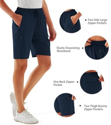 FIRST WAY Women's Hiking Cargo Shorts Quick Dry Lightweight 9'' Bermuda Shorts with Zipper Pockets for Golf Active Navy Blue - Image 3