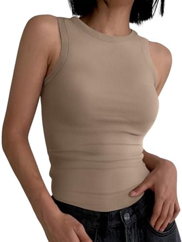 ANRABESS Womens Sleeveless High Neck Tank Tops Fashion Summer Casual Basic Slim Fit Ribbed Racerback Top Shirt Clothes Light Coffee-L - Image 2