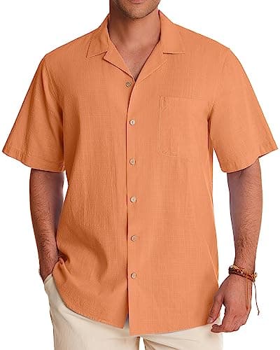 Alimens & Gentle Mens Linen Shirts Short Sleeve Button Down Shirts Cotton Summer Beach Cuban Shirts Vacation Hawaiian Shirts Persimmon Orange - Image 1