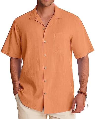 Alimens & Gentle Mens Linen Shirts Short Sleeve Button Down Shirts Cotton Summer Beach Cuban Shirts Vacation Hawaiian Shirts Persimmon Orange - Image 1