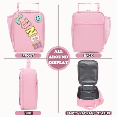 FlowFly Lunch box Insulated Soft Bag Mini Cooler Back to School Thermal Meal Tote Kit With Buckle and Mesh Side Pocket for Girls, Boys, PinkWithLetter - Image 6