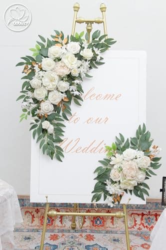 Odouzy Pack of 2 Wedding Arch Decorations Artificial Hanging Flowers Floral Swag for Wedding Welcome Sign Backdrop Balloon Arch Home Party Bridal Ceremony Reusable(White) - Image 2