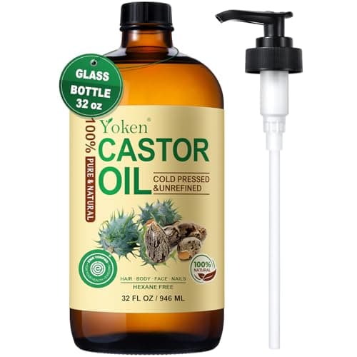 Yoken EWG Verified Castor Oil Glass Bottle 32 fl oz (with Pump) 100% Pure Castor Oil for Skin Face Hair, Cold Press, Hexane Free, Unrefined Caster oil for Pack Wrap Deep Nourish Body - Image 1
