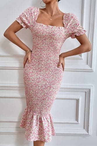 PRETTYGARDEN Summer Floral Bodycon Midi Dresses 2025 Puff Sleeve Mermaid Cocktail Baby Shower Photoshoot Maternity Dress (Pink,Medium) - Image 8
