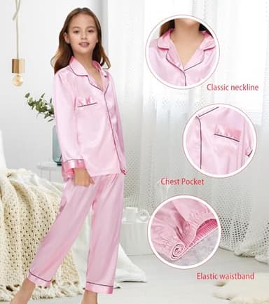 ALHAVONE Kids Girl Pajama Set with Headband Blindfold Hair Tie Toddler Boy Girl Satin Silky Button-up Pajama Sleepwear (Pink-long, 150) - Image 4