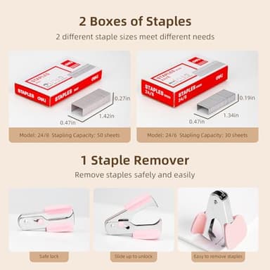 Deli Effortless Desktop Stapler, Heavy Duty Stapler, 40-50 Sheet Capacity, One Finger, No Effort, Includes 1500 Staples & Staple Remover, Pink - Image 4