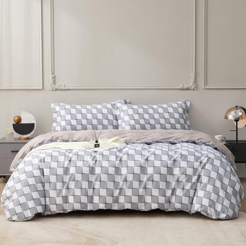 SAPHREAS Gray Checkered Duvet Cover Set Twin Size 2pcs Cotton Soft Plaid Geometric Bedding Comforter Cover 1 Duvet Cover 68"x90" and 1 Pillow Sham 20"x26" - Image 1