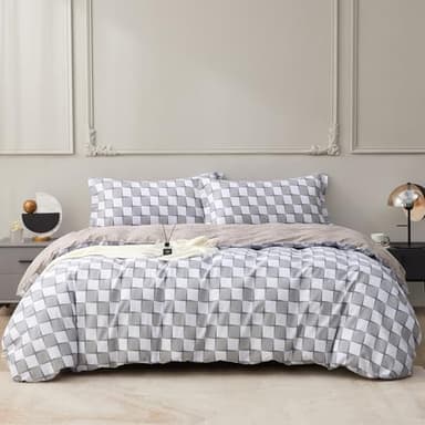 SAPHREAS Gray Checkered Duvet Cover Set Twin Size 2pcs Cotton Soft Plaid Geometric Bedding Comforter Cover 1 Duvet Cover 68"x90" and 1 Pillow Sham 20"x26" - Image 1