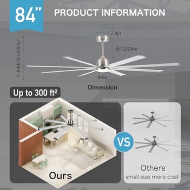 Maxslak 84" industrial Ceiling Fans with Light,Large Ceiling Fan with Modern 8 Aluminum Blades,Works with Alexa,Noiseless DC Motor,Brushed Nickel Outdoor Ceiling Fan for Garage or Pool area - Image 4