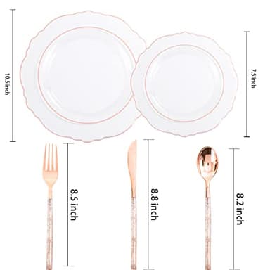 Liacere 150PCS Rose Gold Plastic Plates - Clear Rose Gold Disposable Plates with Glitter Bamboo Handle Cutlery - 60 Baroque Elegant Plates, 30 Forks, 30 Spoons, 30 Knives for Thanksging day&Chrismas - Image 3
