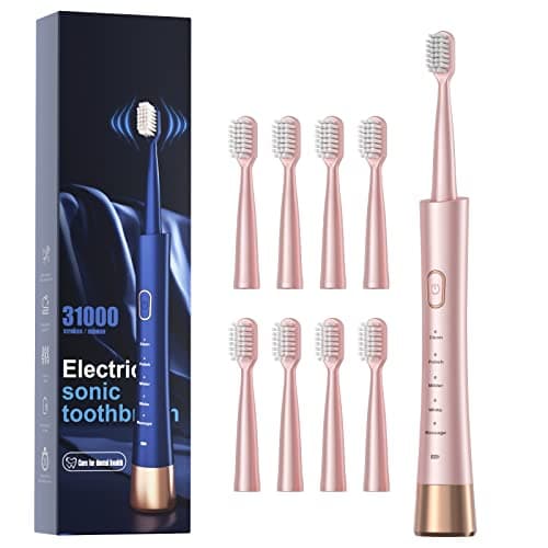 AJELU Sonic Electric Toothbrush for Adults, USB Rechargeable Sonic Toothbrush with 8 Brush Heads, Smart Timer, 5 Modes, 2-Hour Fast Charge Last 30 Days, Pink - Image 1
