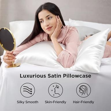 Bedsure Satin Pillowcases, Similar to Silk Pillow Cases Queen Size Set of 2, Pure White Cooling Pillow Case for Sleeping Women with Envelope Closure, Gifts for Women Men, 20x30 Inches, 2pcs - Image 2