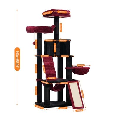 Heybly Cat Tree, Gothic Cat Tower for Indoor Cats, Multi-Level Cat Furniture Condo for Cats with Padded Plush Perch, Cozy Basket and Scratching Board, Black and Red HCT014BR - Image 3