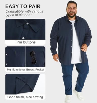 HOdo Big and Tall Mens Cotton Button Down Shirt Navy 5XL - Image 3